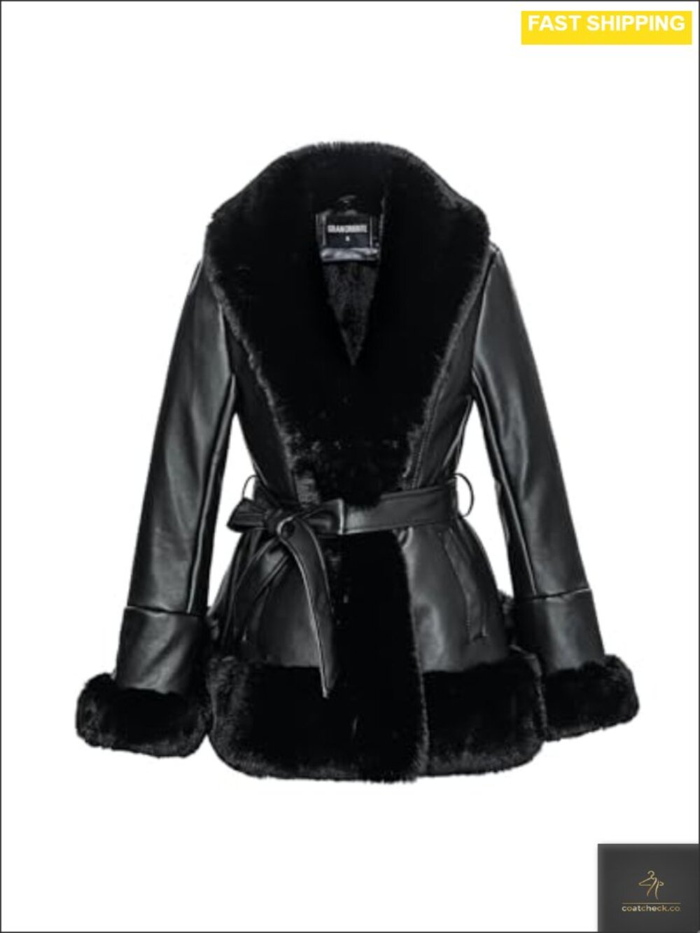 Faux Fur Leather Mid Length Coat with Collar Lined Pockets